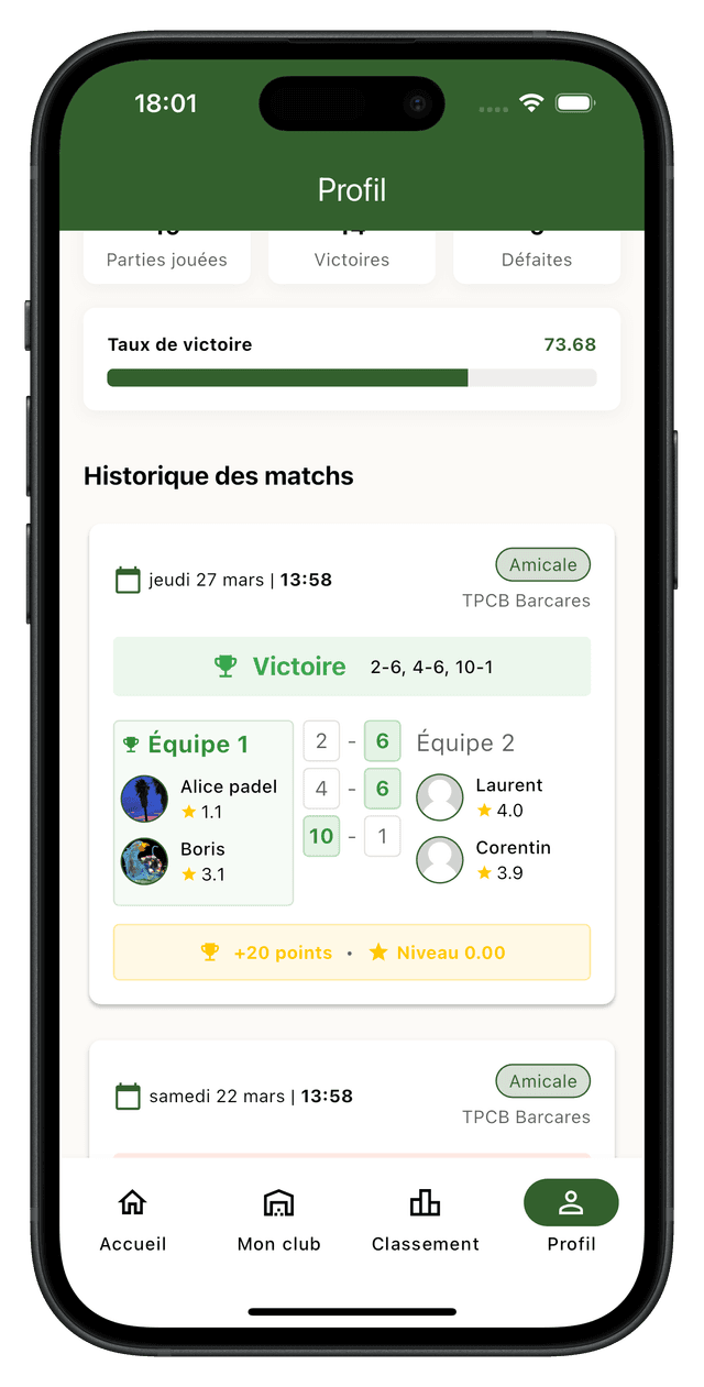 XPadel history screenshot