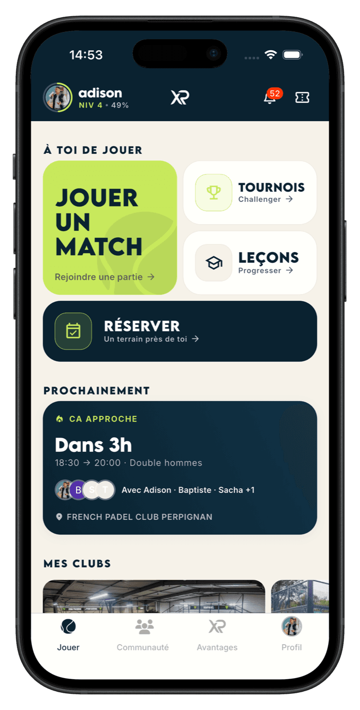 L’accueil joueur dans l’app XPadel