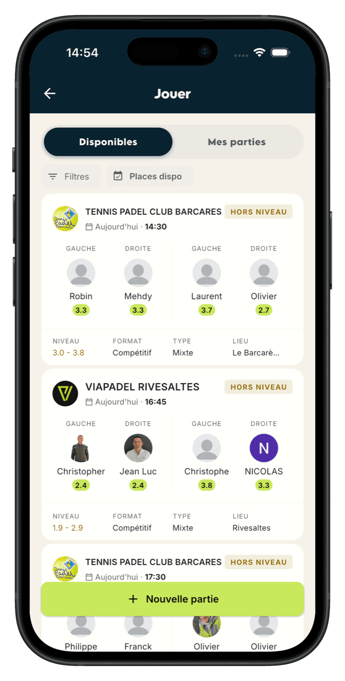 Les parties ouvertes disponibles dans l’app joueur XPadel